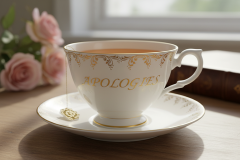 Tea cup with the word apologies 